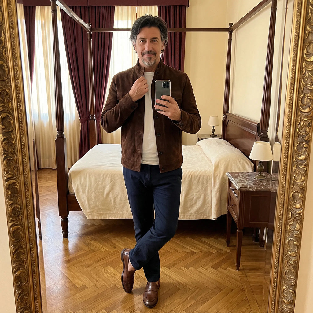 A man wearing a brown suede jacket with button closure and chest pockets, taking a mirror selfie