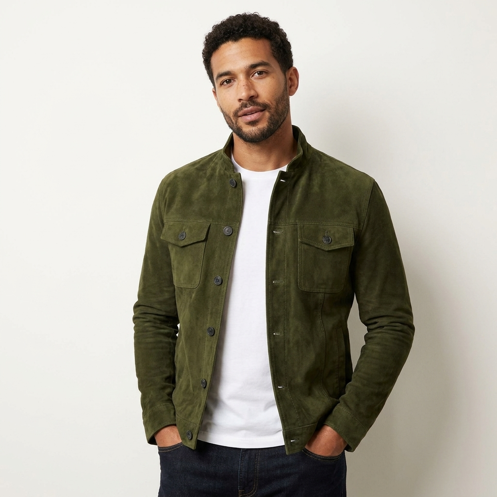 A man wearing an olive green soft suede jacket with button closure and chest pockets