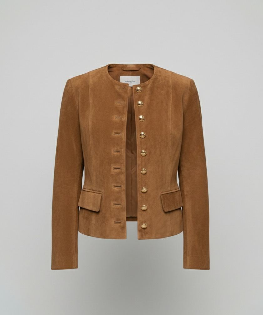 A brown suede cropped jacket with a collarless design, gold-tone buttons, and fitted cut, shown from the front