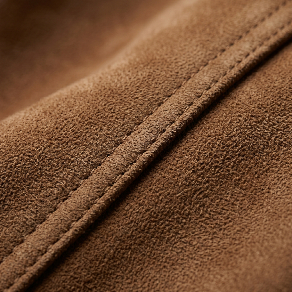 Close-up of brown suede showing the textured finish and detailed stitching