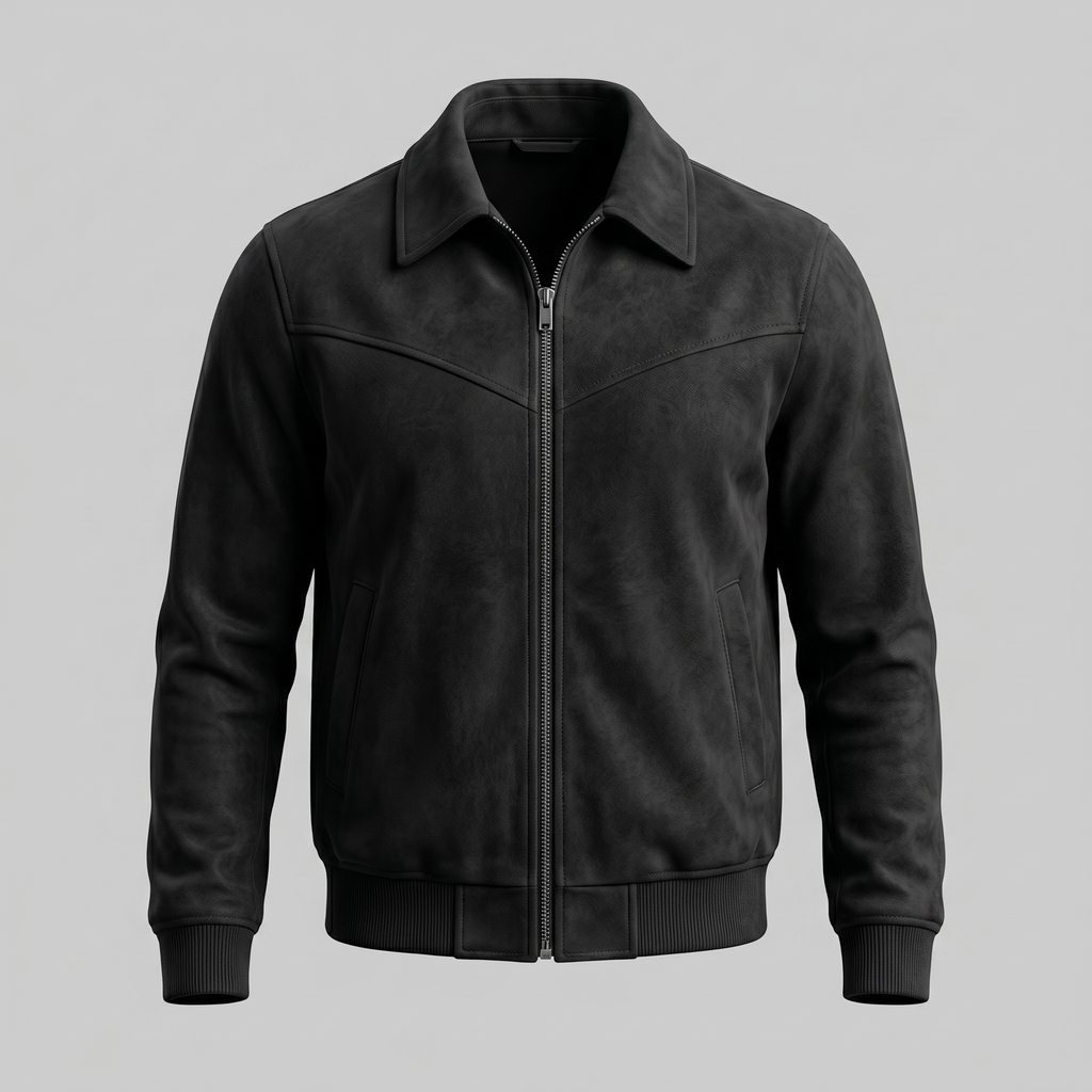 A black suede Harrington bomber jacket with a full-zip front, point collar, and ribbed trim, shown from the front