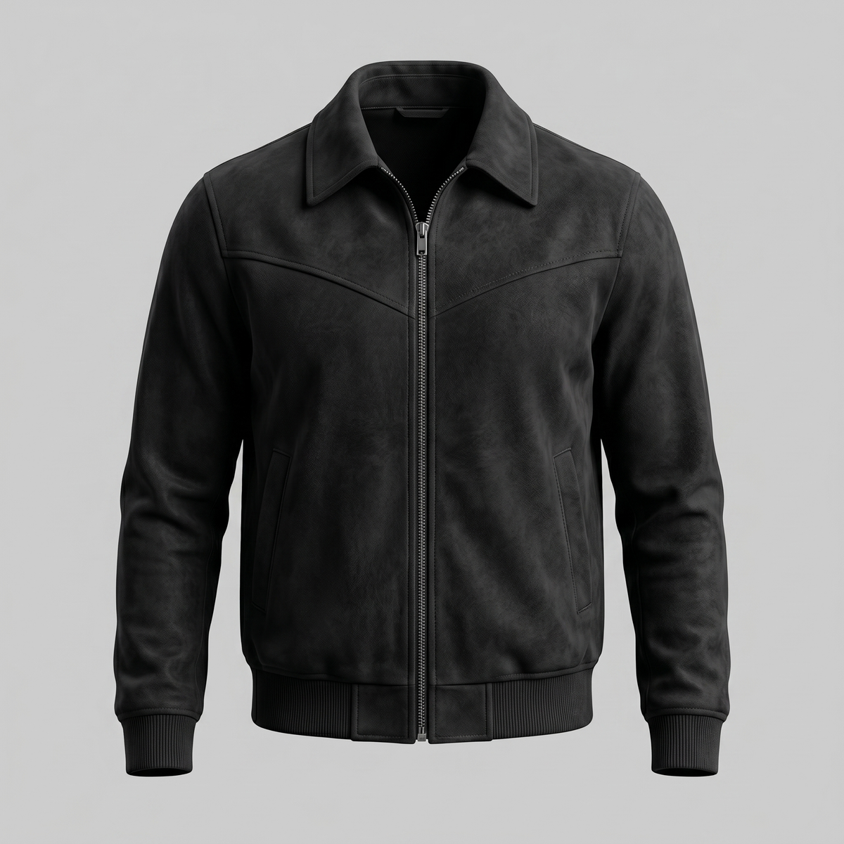 A black suede Harrington bomber jacket with a full-zip front, point collar, and ribbed trim, shown from the front