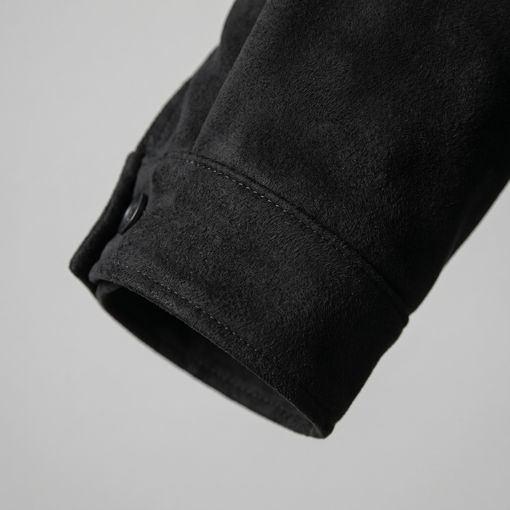 Close-up of a black suede Harrington bomber jacket showing the ribbed sleeve cuff and suede texture