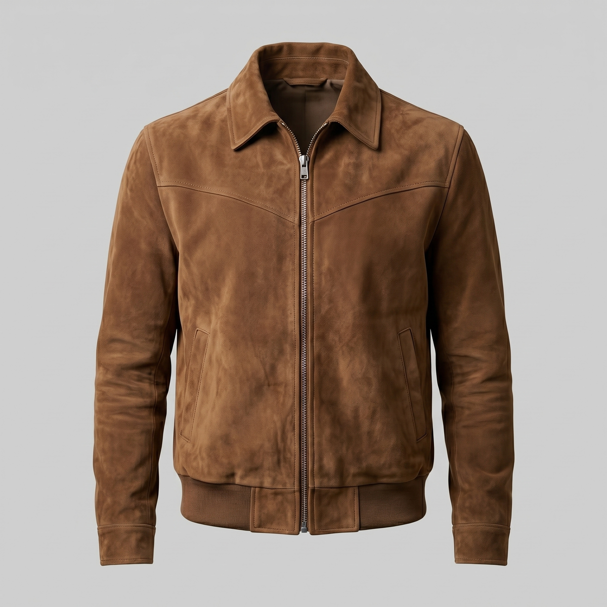 A brown suede Harrington bomber jacket with a full-zip front, point collar, and ribbed trim, shown from the front