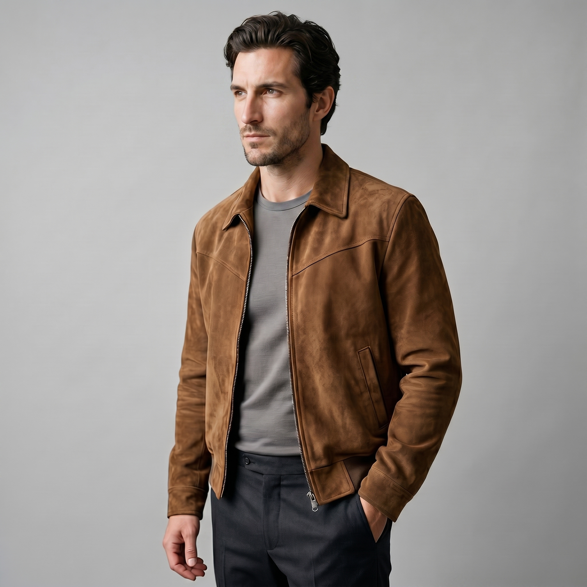 A man wearing a brown suede Harrington bomber jacket with a full-zip front, point collar, and ribbed trim