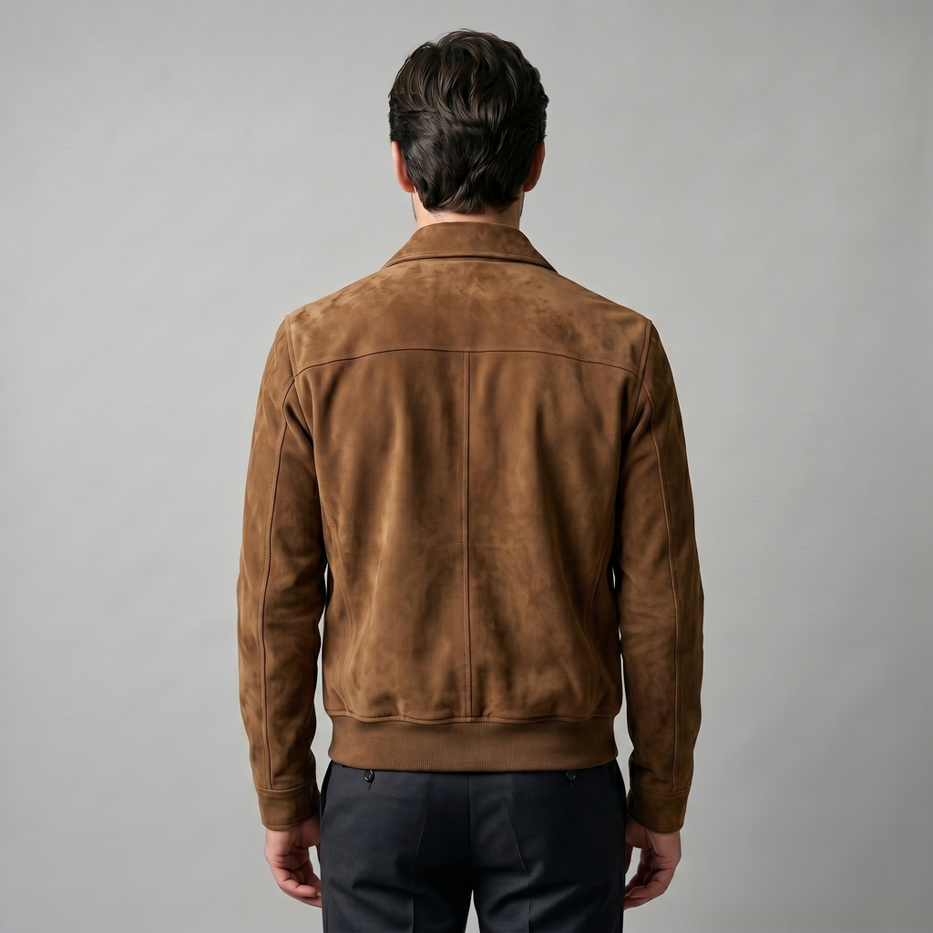 A man wearing a brown suede Harrington bomber jacket with ribbed trim, shown from the back