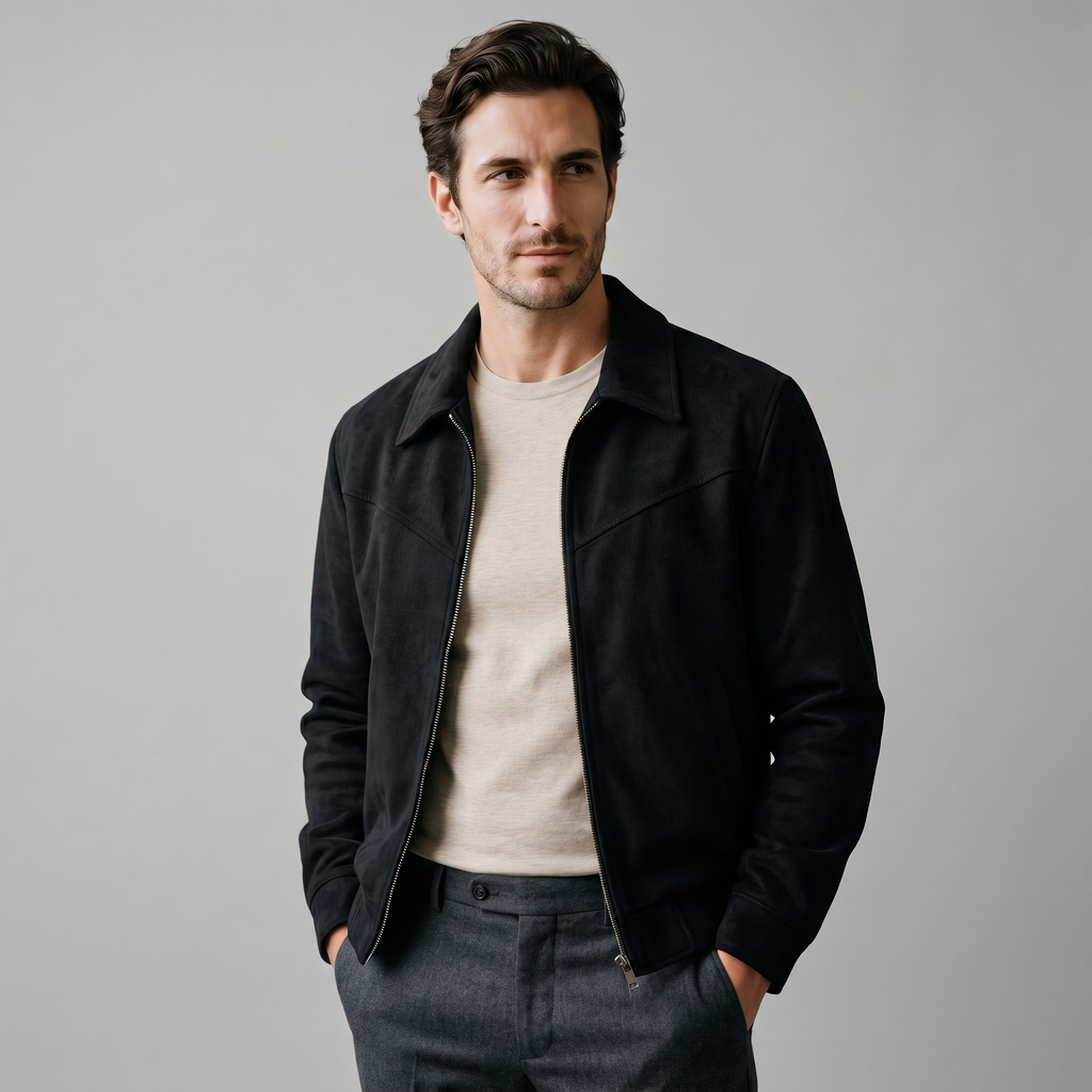 A man wearing a black suede Harrington bomber jacket with a full-zip front, point collar, and ribbed trim