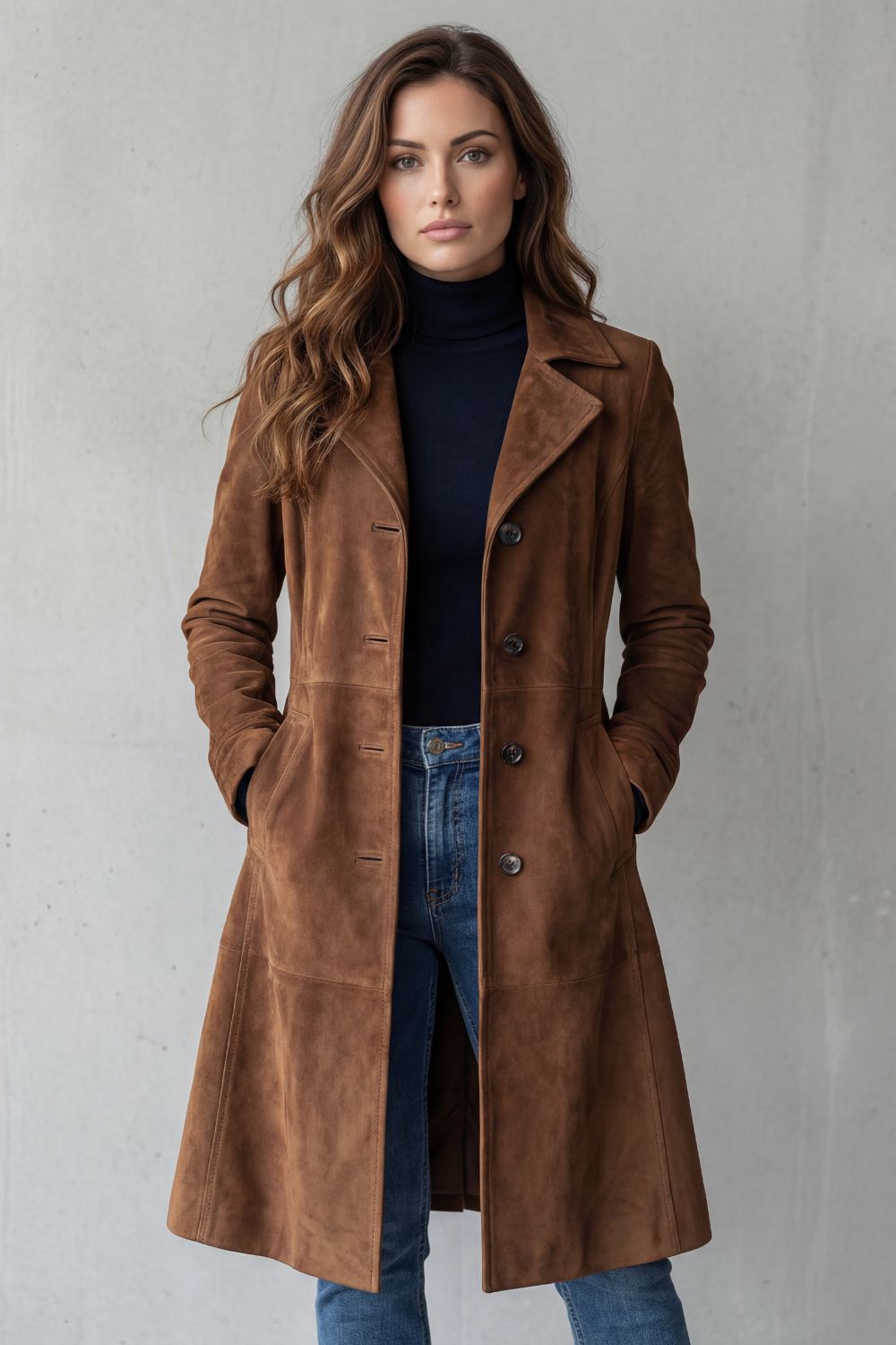 A woman wearing a brown suede longline coat with notch lapel and button-front closure, front view