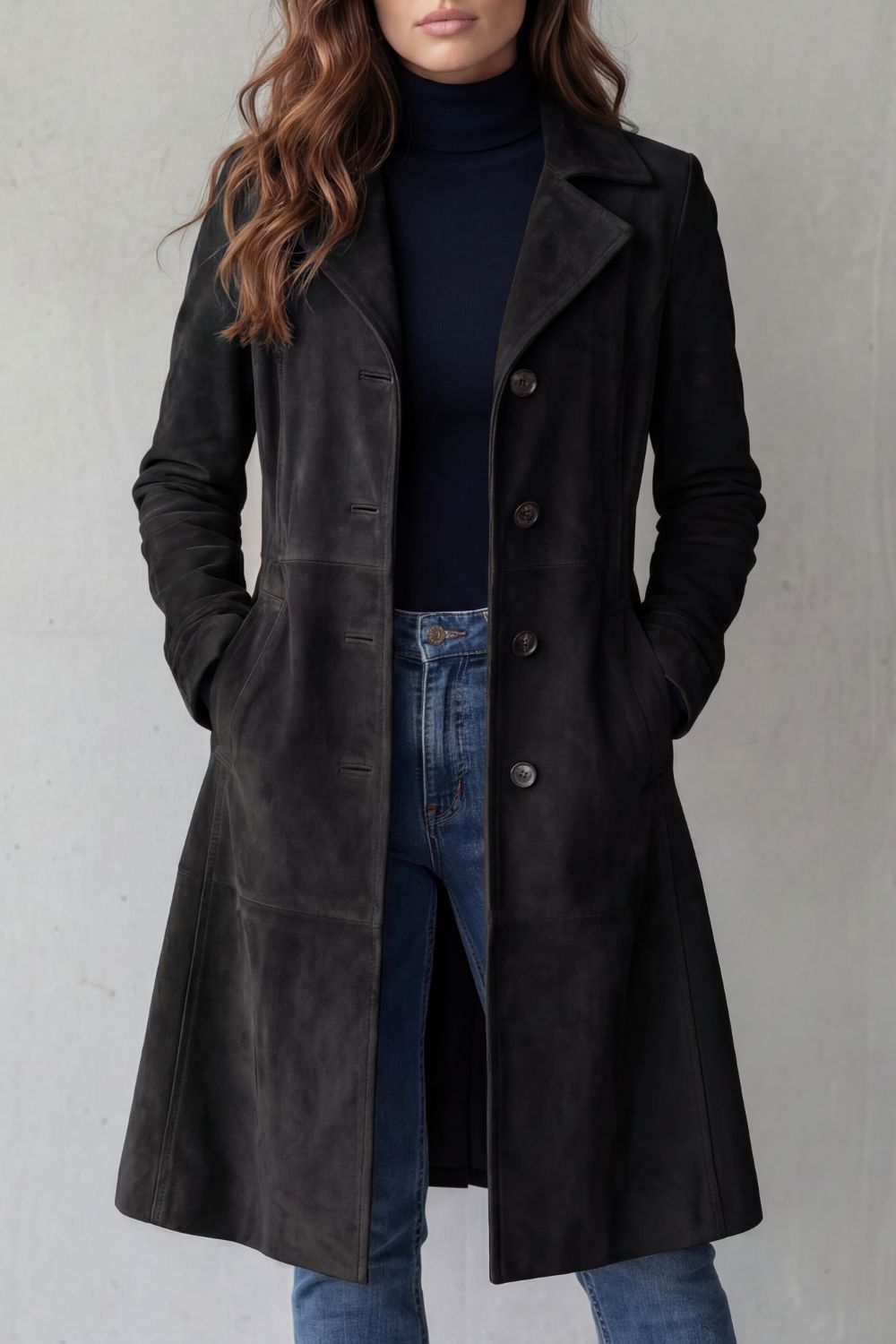 A woman wearing a black suede longline coat with notch lapel and button-front closure