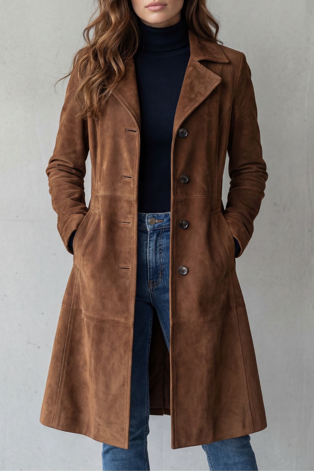A woman wearing a brown suede longline coat with notch lapel and button-front closure