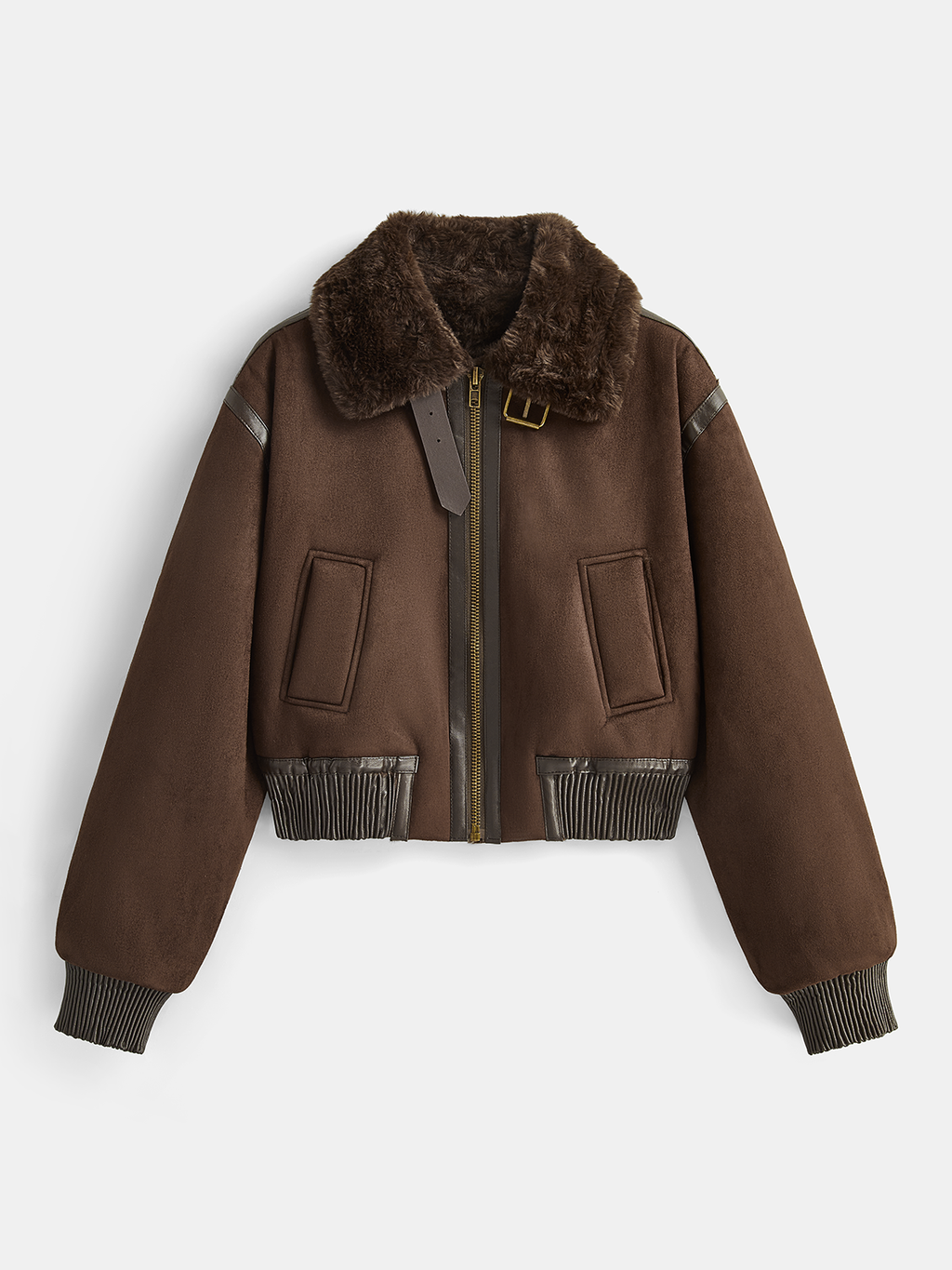 Brown vegan suede aviator jacket with a plush faux-shearling collar, ribbed cuffs, and a relaxed, cropped silhouette.