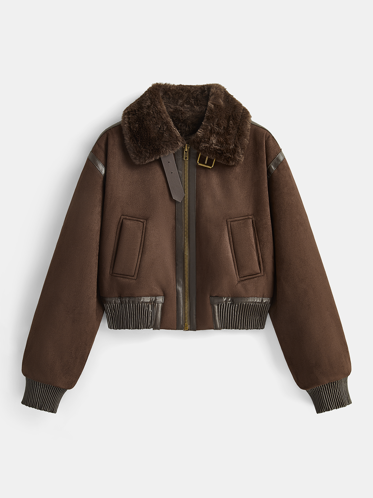 Brown vegan suede aviator jacket with a plush faux-shearling collar, ribbed cuffs, and a relaxed, cropped silhouette.
