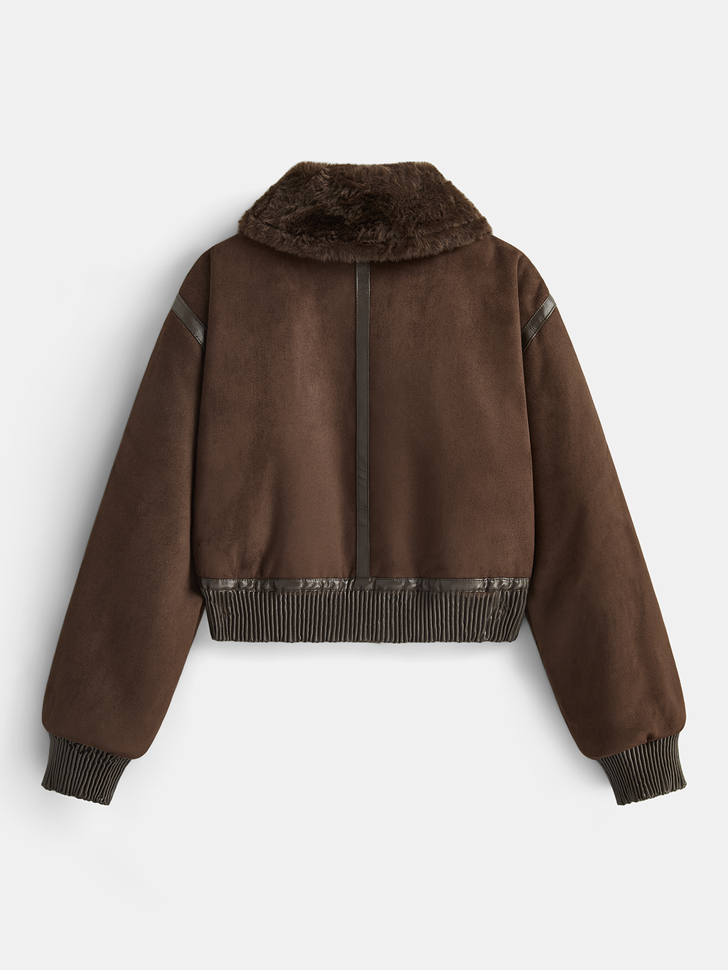 Brown vegan suede aviator jacket with a plush faux shearling collar, ribbed cuffs, and hem, shown from the back.