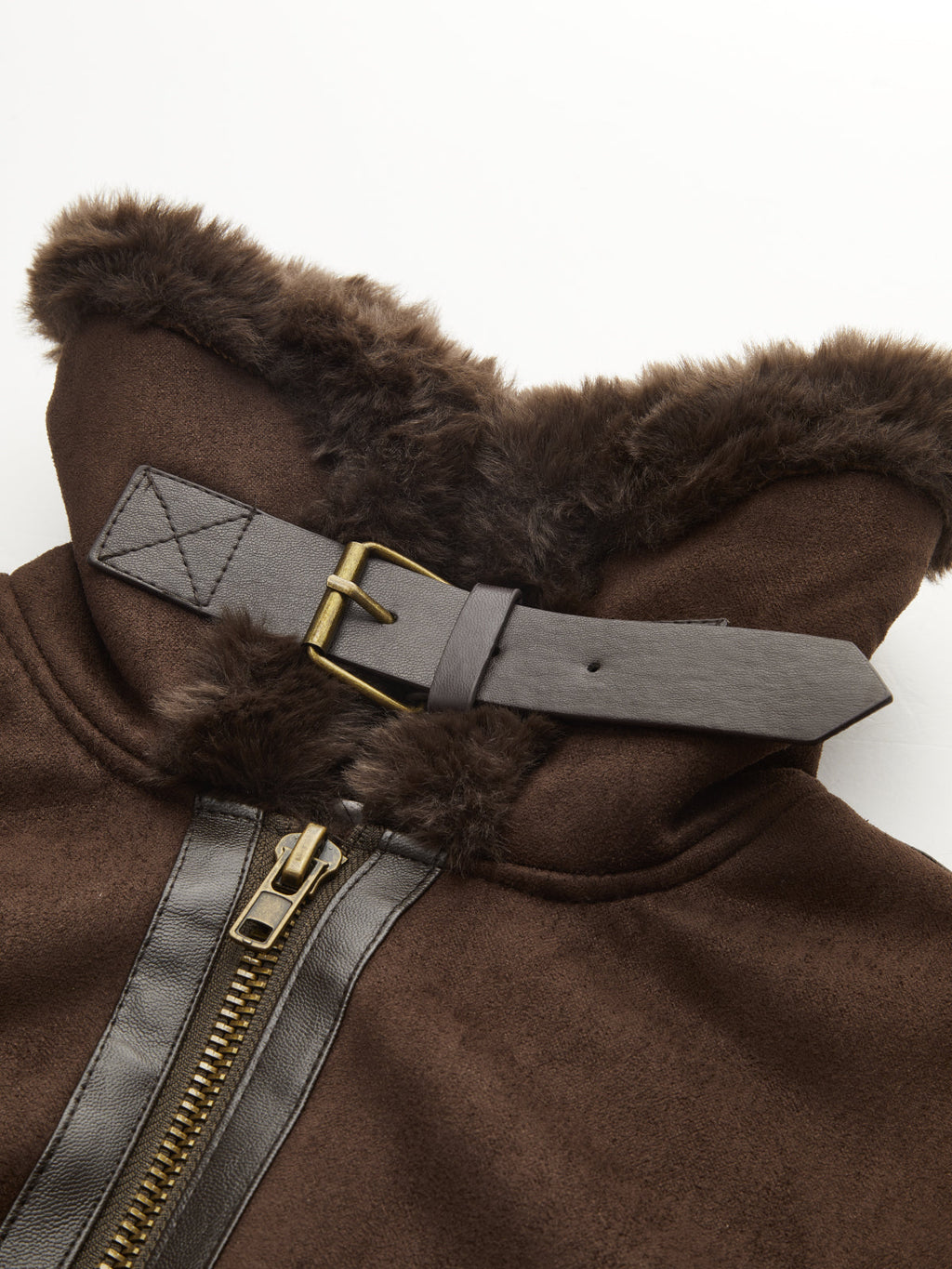 Brown vegan suede aviator jacket featuring a plush sherpa collar, buckled throat latch, and dark metal zipper detailing.
