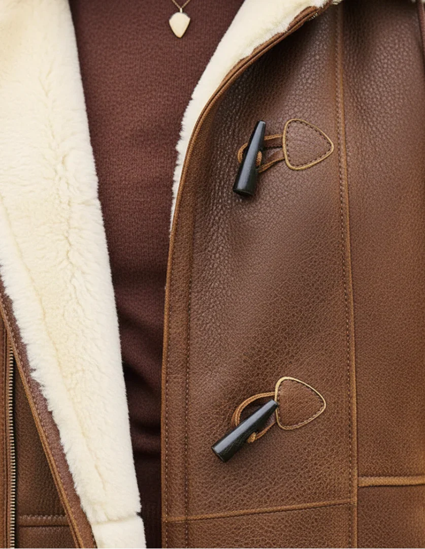 Brown vegan suede duffle coat featuring a plush cream sherpa lining, toggle fastenings, and a structured fit.