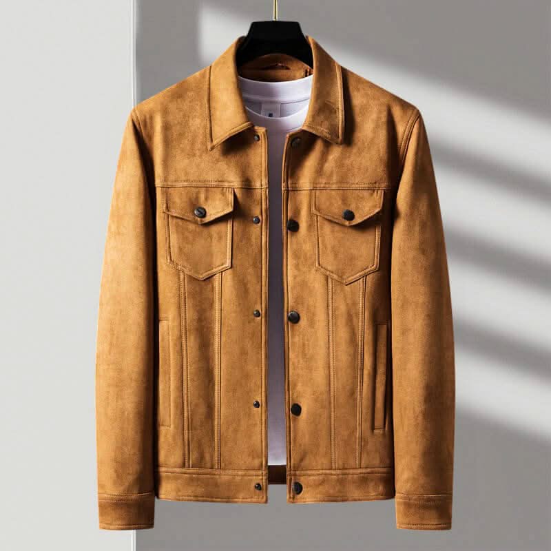A brown suede trucker jacket with a point collar, button-front closure, and boxy fit, shown from the front