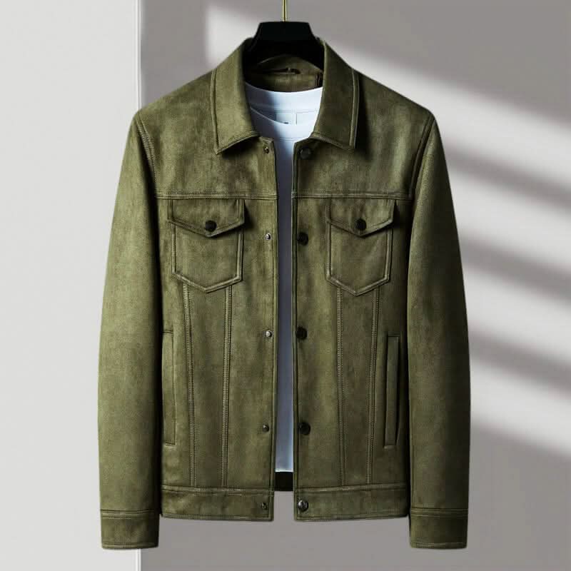 A green suede trucker jacket with a point collar, button-front closure, and boxy fit