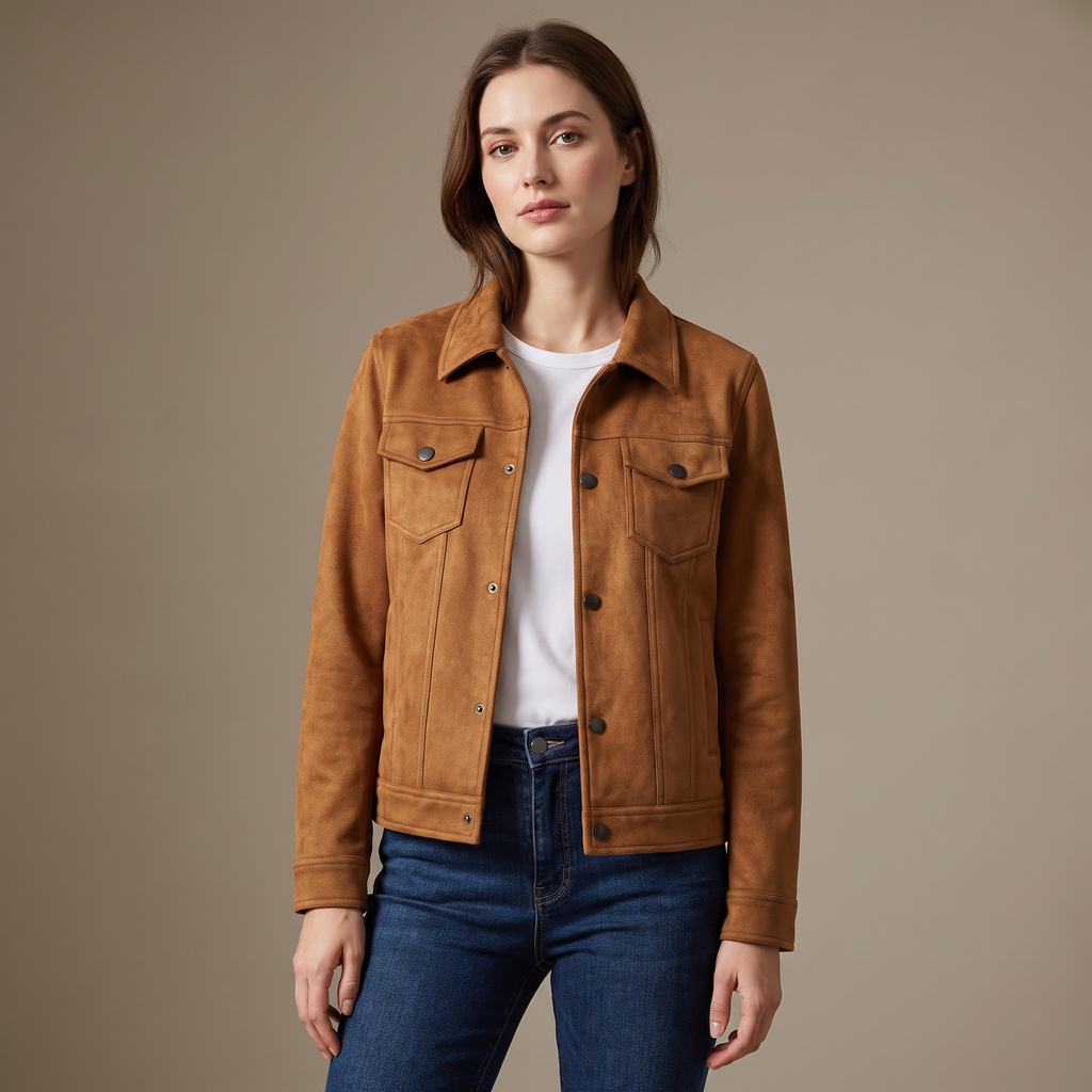 A woman wearing a brown suede trucker jacket with a point collar, button-front closure, and boxy fit