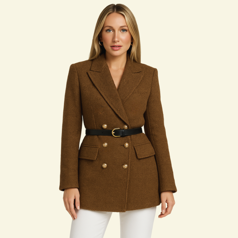 Woman wearing a brown double-breasted blazer with gold-tone buttons and a belted waist, paired with white trousers.