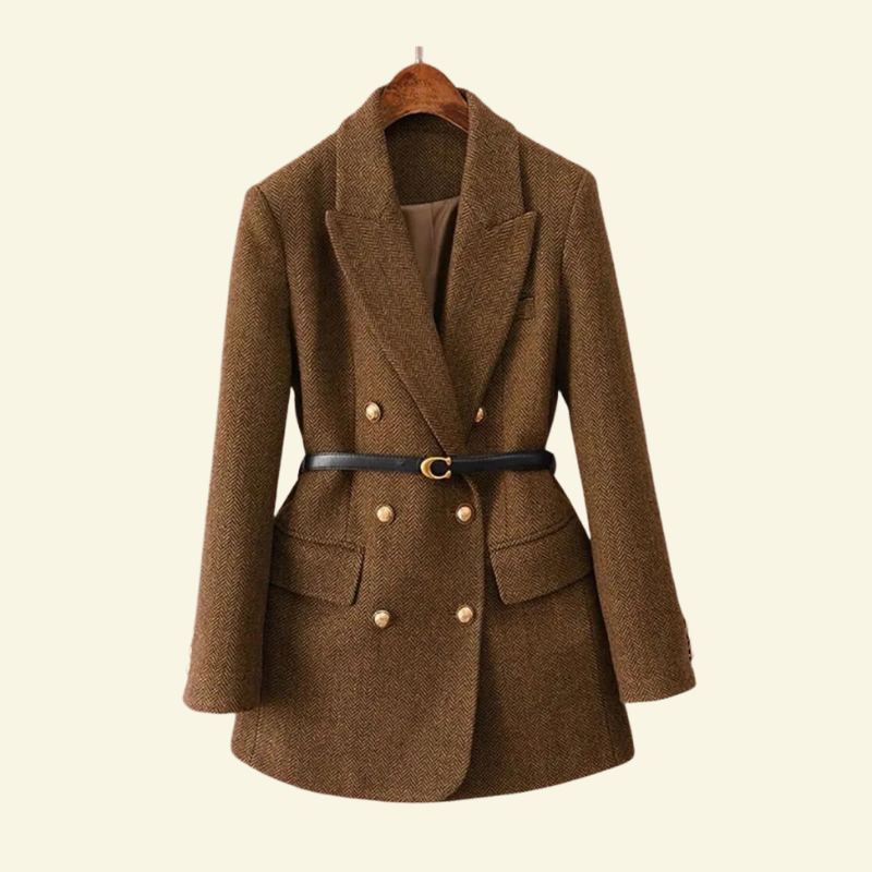 Women's brown herringbone blazer with a double-breasted button closure, notched lapels, flap pockets, long sleeves, and belted waist.