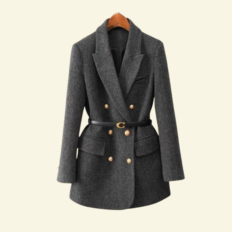 Women's dark gray double-breasted blazer with notched lapels, gold-tone buttons, flap pockets, long sleeves, and belted waist displayed on a hanger.