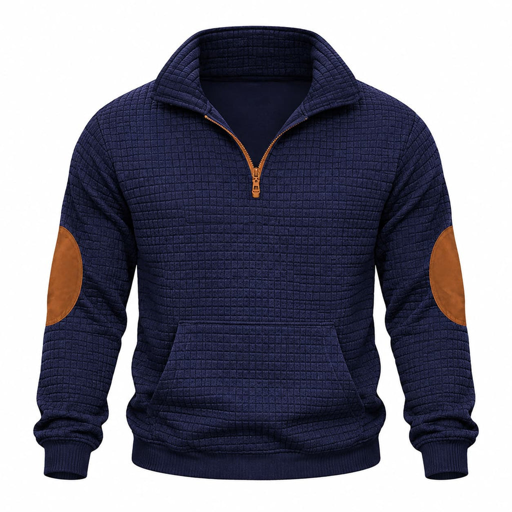 Navy blue quarter-zip pullover in textured mini-check jacquard with contrast brown elbow patches and kangaroo pocket.