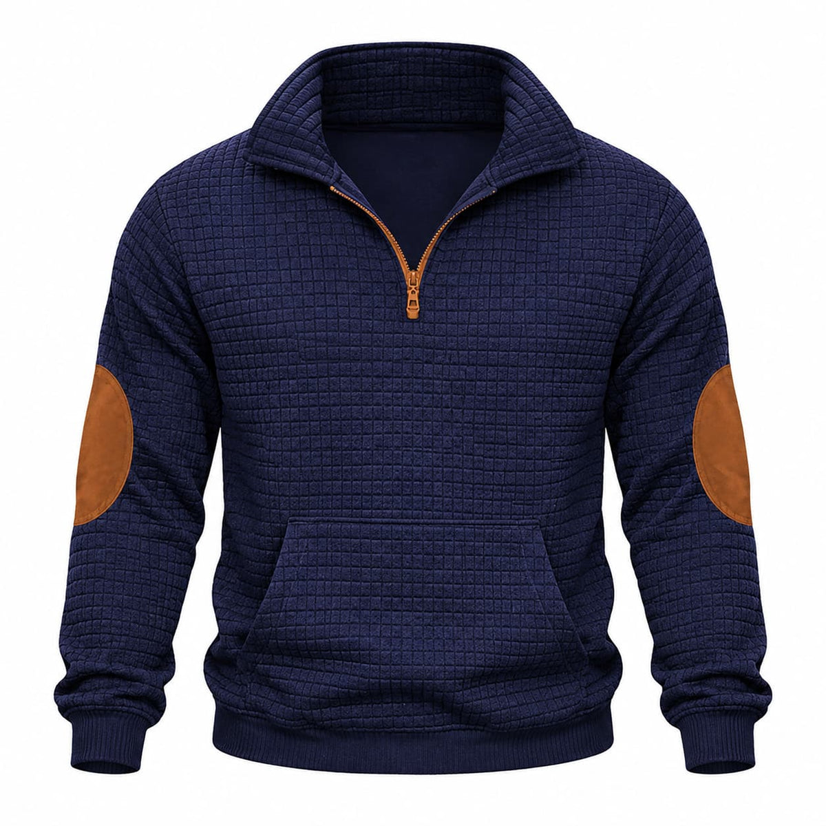 Navy blue quarter-zip pullover in textured mini-check jacquard with contrast brown elbow patches and kangaroo pocket.