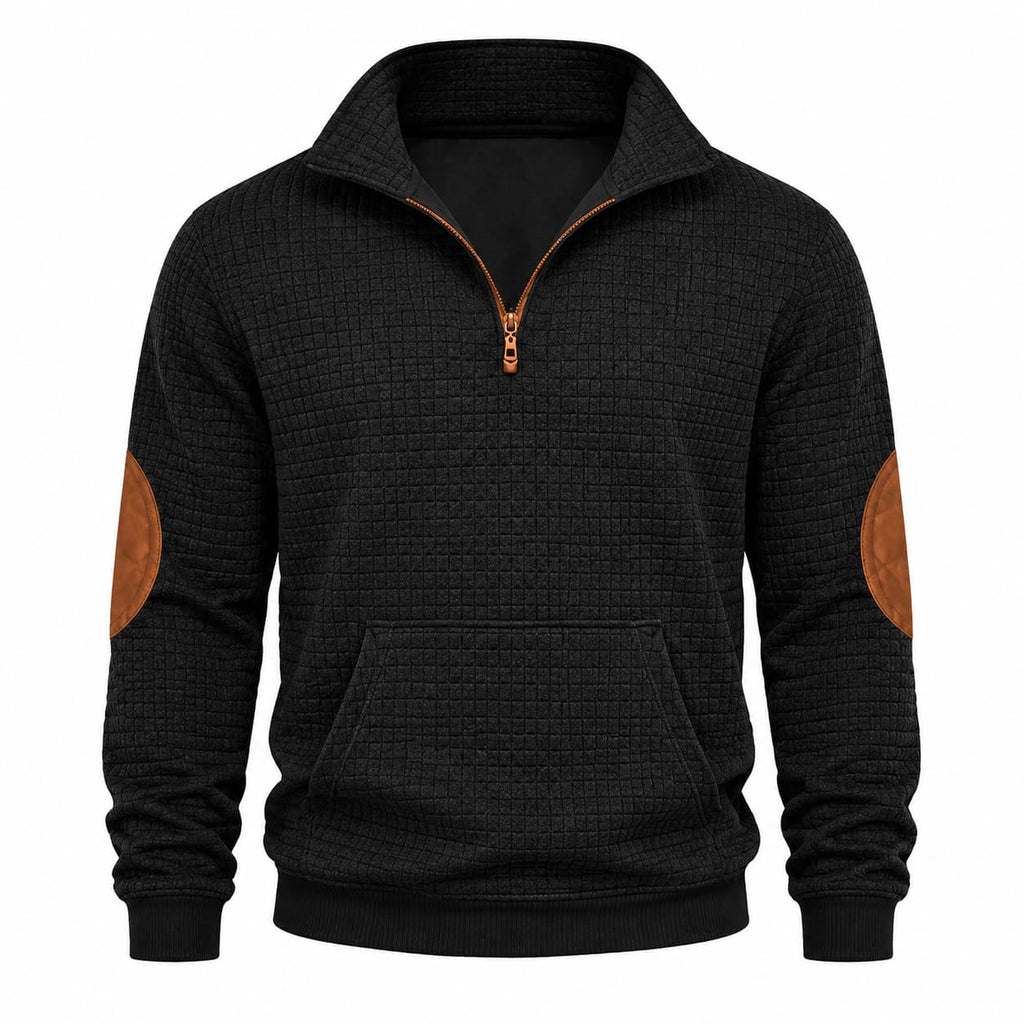 Black quarter-zip pullover in textured mini-check jacquard with contrast elbow patches and a front kangaroo pocket.