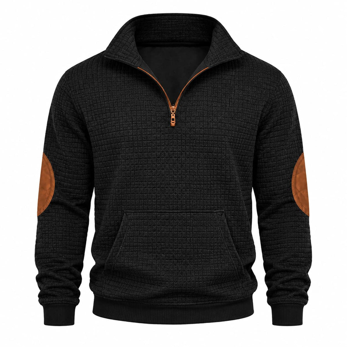 Black quarter-zip pullover in textured mini-check jacquard with contrast elbow patches and a front kangaroo pocket.