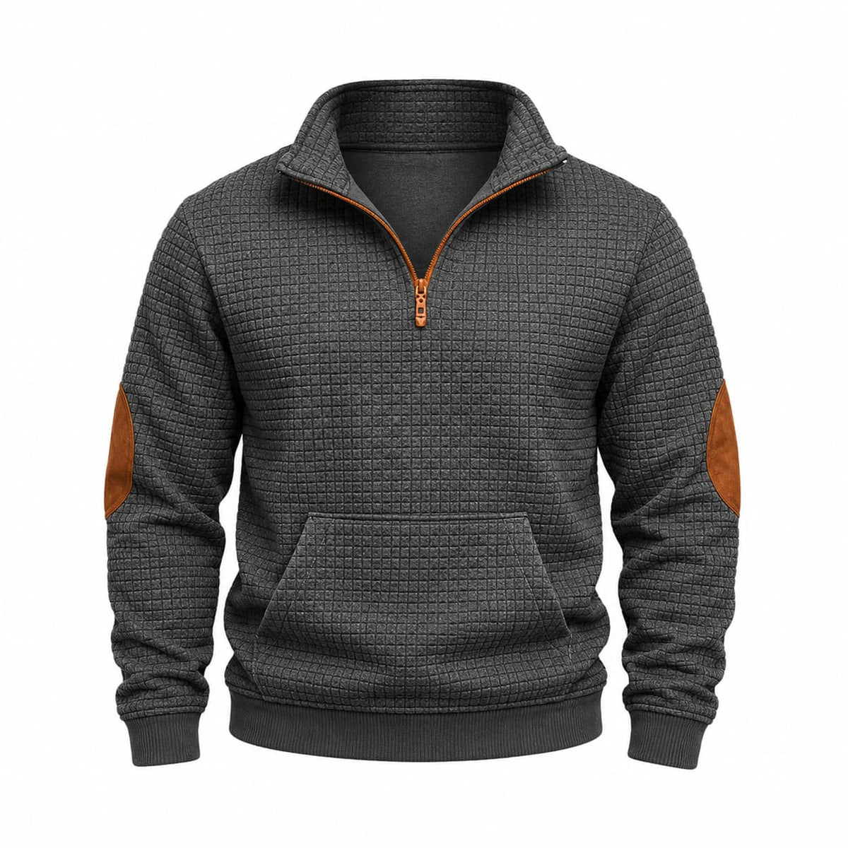 Charcoal grey quarter-zip pullover with mini-check jacquard texture, contrast brown elbow patches, and kangaroo pocket.