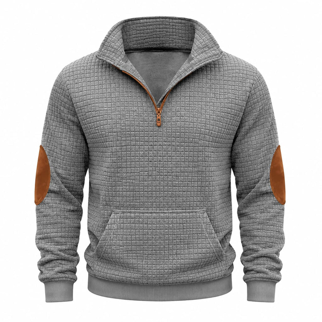 Grey textured mini-check quarter-zip pullover with contrast brown elbow patches and a front kangaroo pocket.