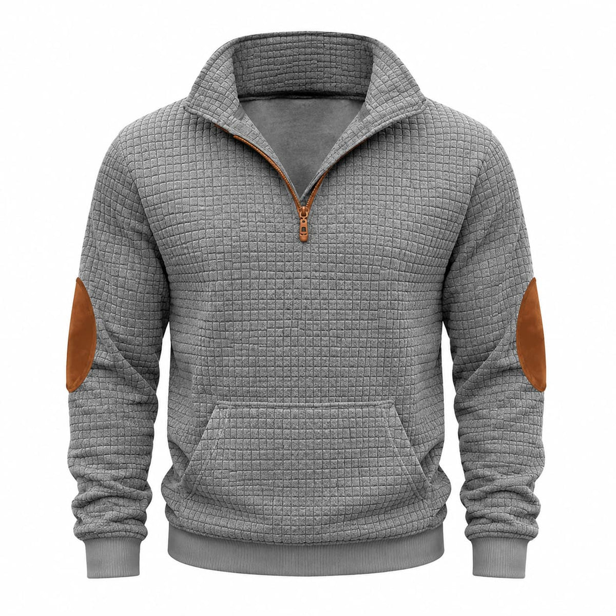 Grey textured mini-check quarter-zip pullover with contrast brown elbow patches and a front kangaroo pocket.