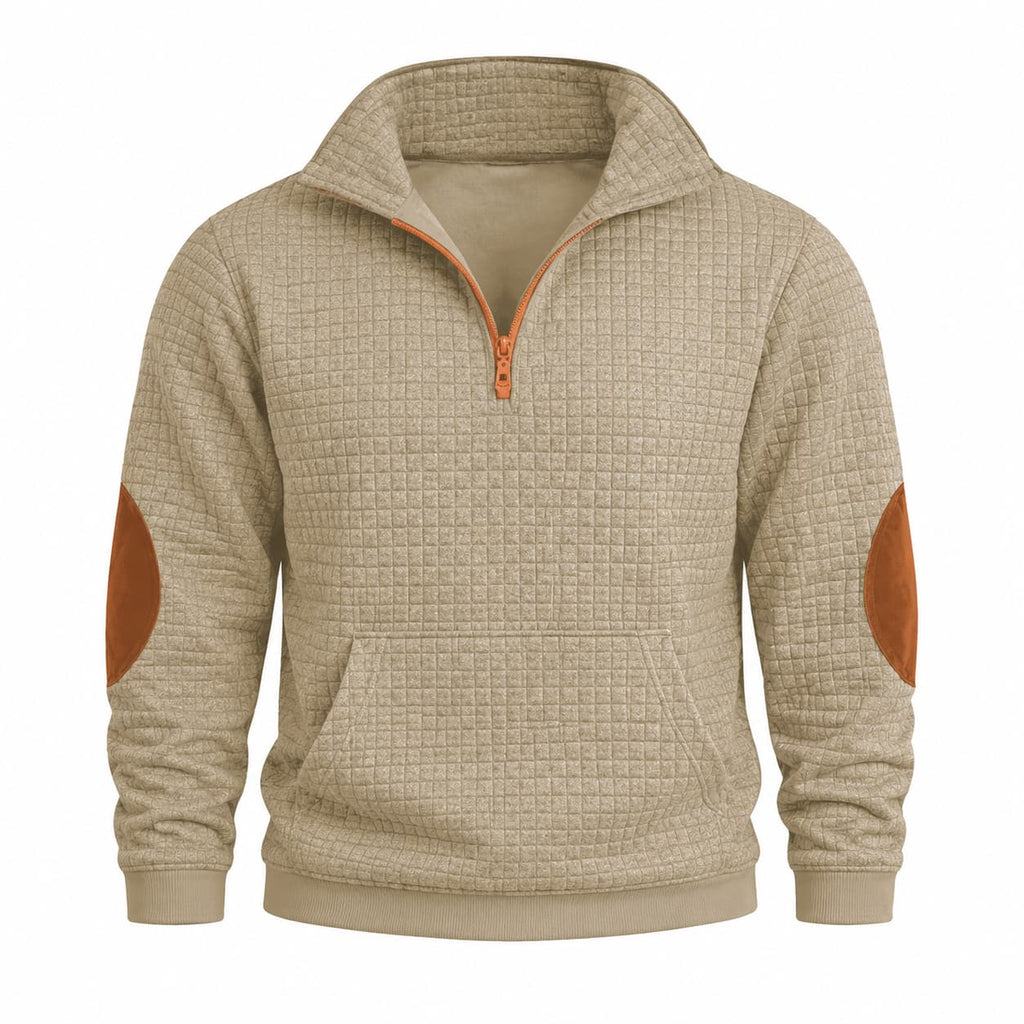 Tan textured mini-check quarter-zip pullover with contrast elbow patches and a front kangaroo pocket.
