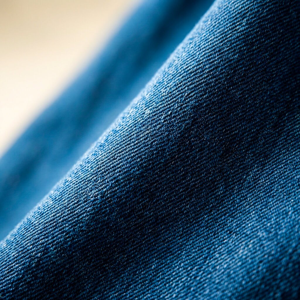 Close-up of the textured blue denim fabric showcasing the durable weave and soft finish of the jacket.