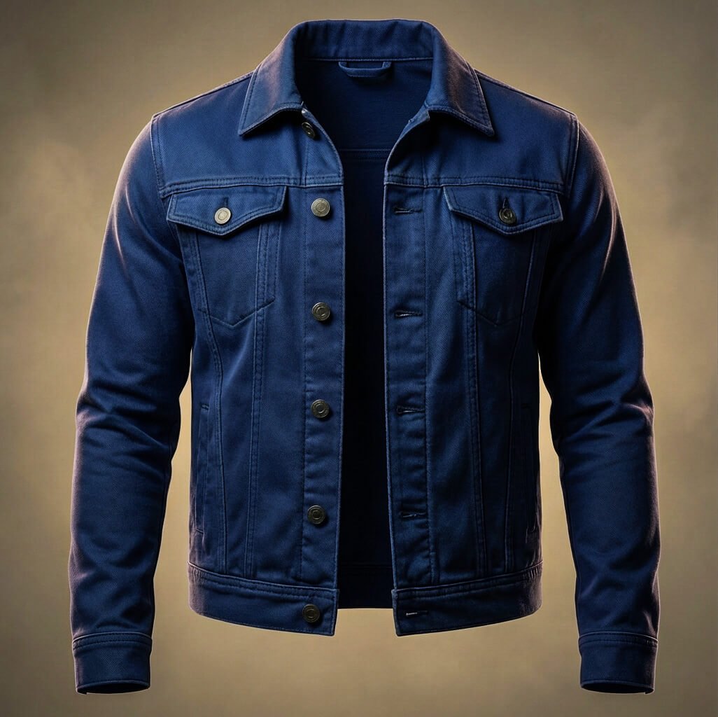 Men's dark blue denim trucker jacket featuring a button-front closure, chest flap pockets, contrast stitching, and a classic collar.
