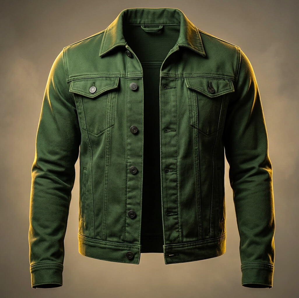 Men's olive green denim trucker jacket with a button-front closure, flap chest pockets, and a structured regular fit.
