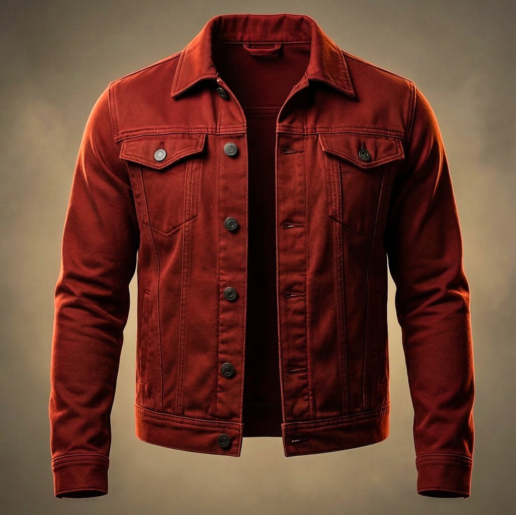 Men's red denim trucker jacket featuring a button-front closure, pointed collar, chest flap pockets, and long sleeves.
