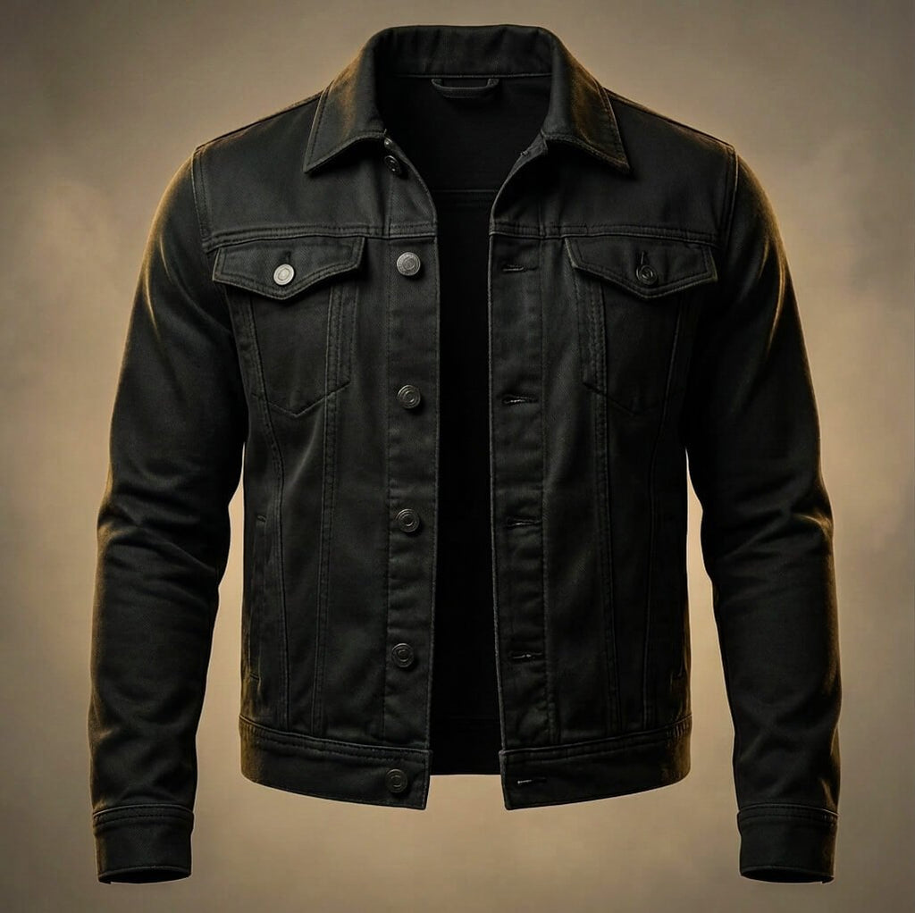 Men's black denim trucker jacket with a button-front closure, chest flap pockets, classic collar, and regular-fit design.