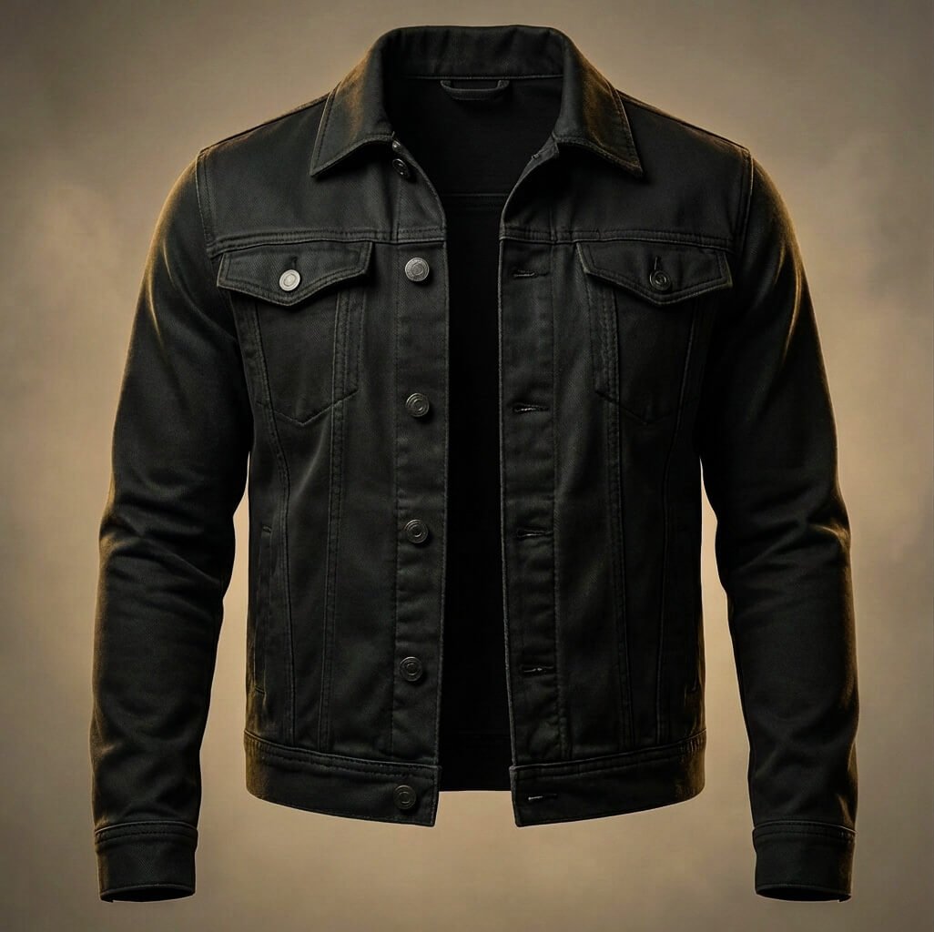 Men's black denim trucker jacket with a button-front closure, chest flap pockets, classic collar, and regular-fit design.