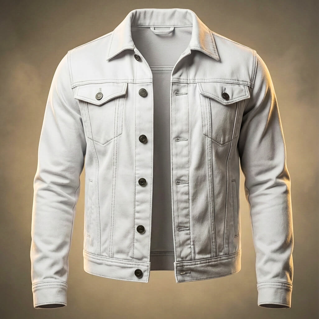 Men's white denim trucker jacket featuring a button-front closure, chest flap pockets, pointed collar, and classic trucker silhouette.
