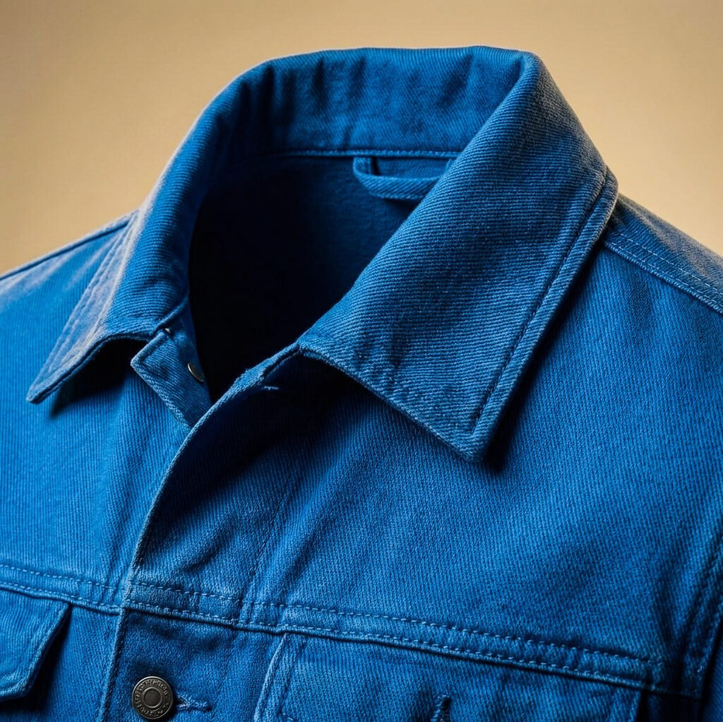 Close-up of the pointed collar and upper front on a men's blue denim trucker jacket with durable denim fabric.