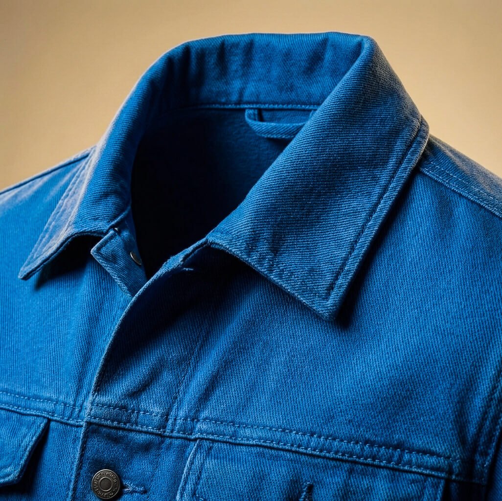 Close-up of the pointed collar and upper front on a men's blue denim trucker jacket with durable denim fabric.