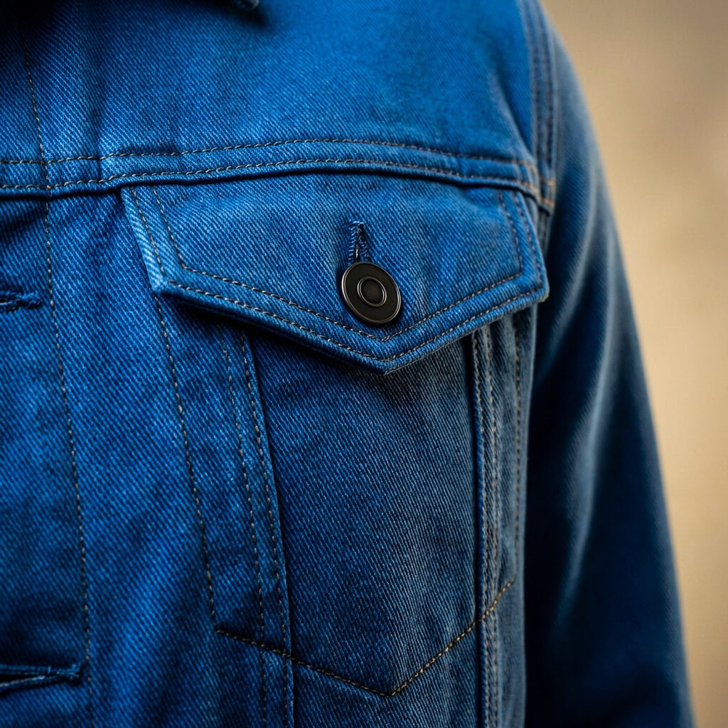 Close-up of the button-flap chest pocket and contrast stitching on a men's blue denim trucker jacket.