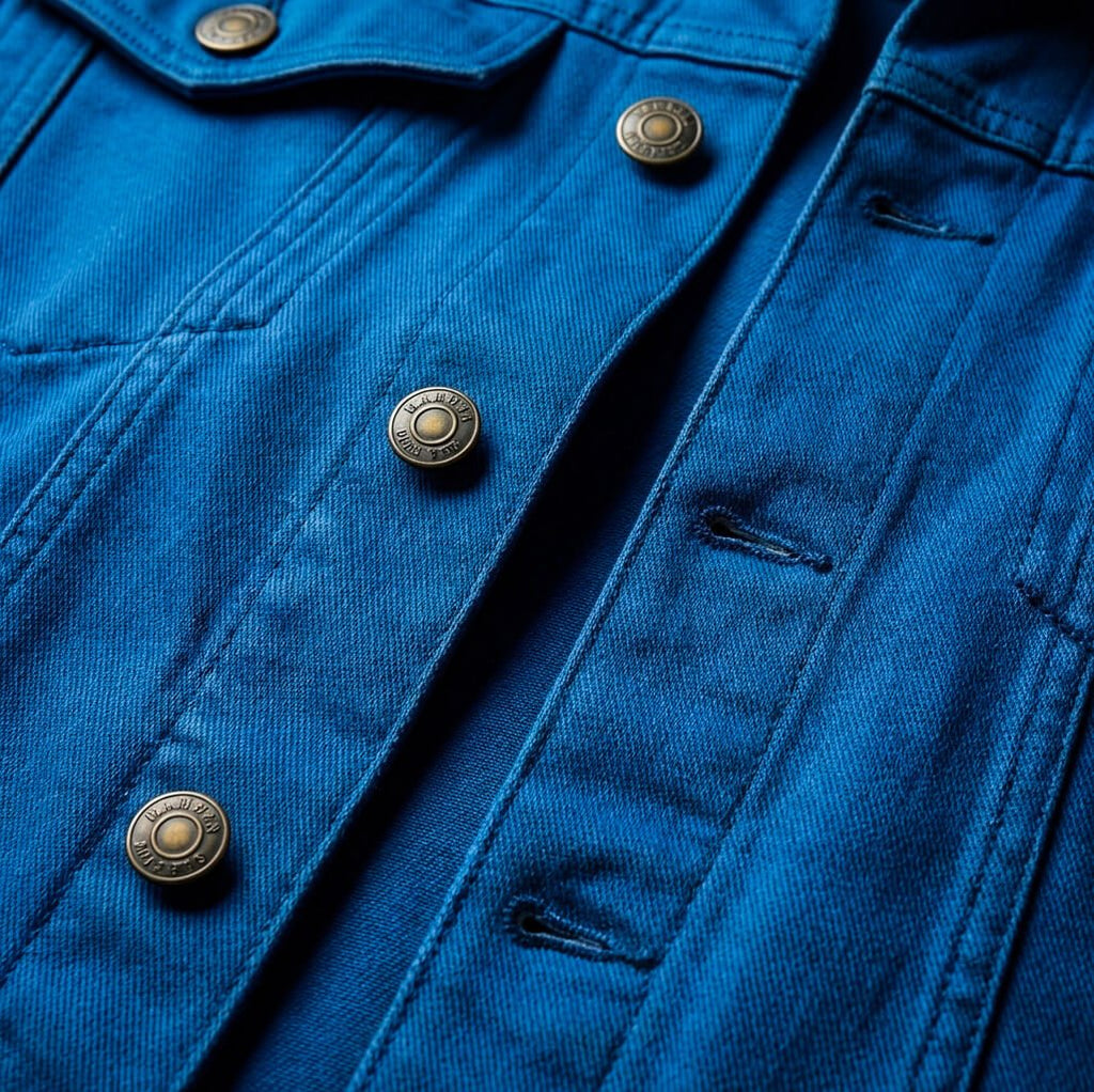 Close-up of the button-front placket and metal hardware on a men's blue denim trucker jacket.