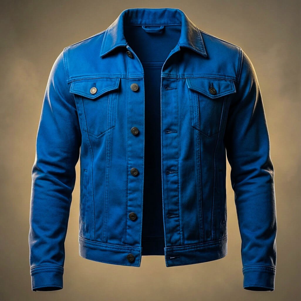 Men's blue denim trucker jacket with a button-front closure, chest flap pockets, pointed collar, and classic regular-fit silhouette.