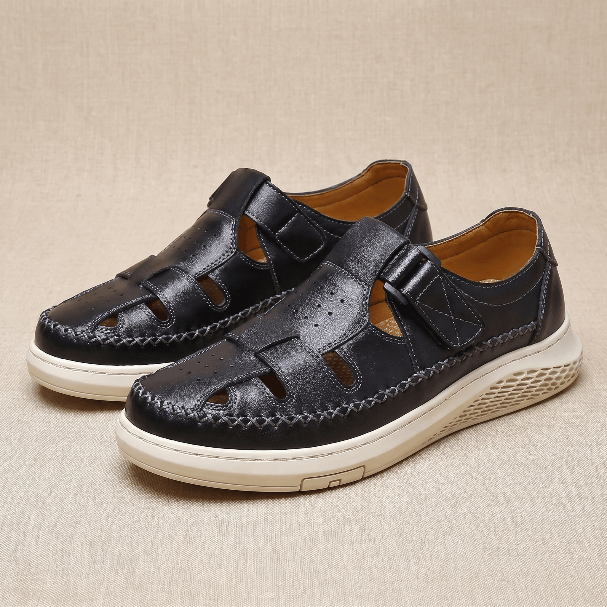 Pair of black leather Toby fisherman sandals with cutout panels, resting on a beige fabric backdrop