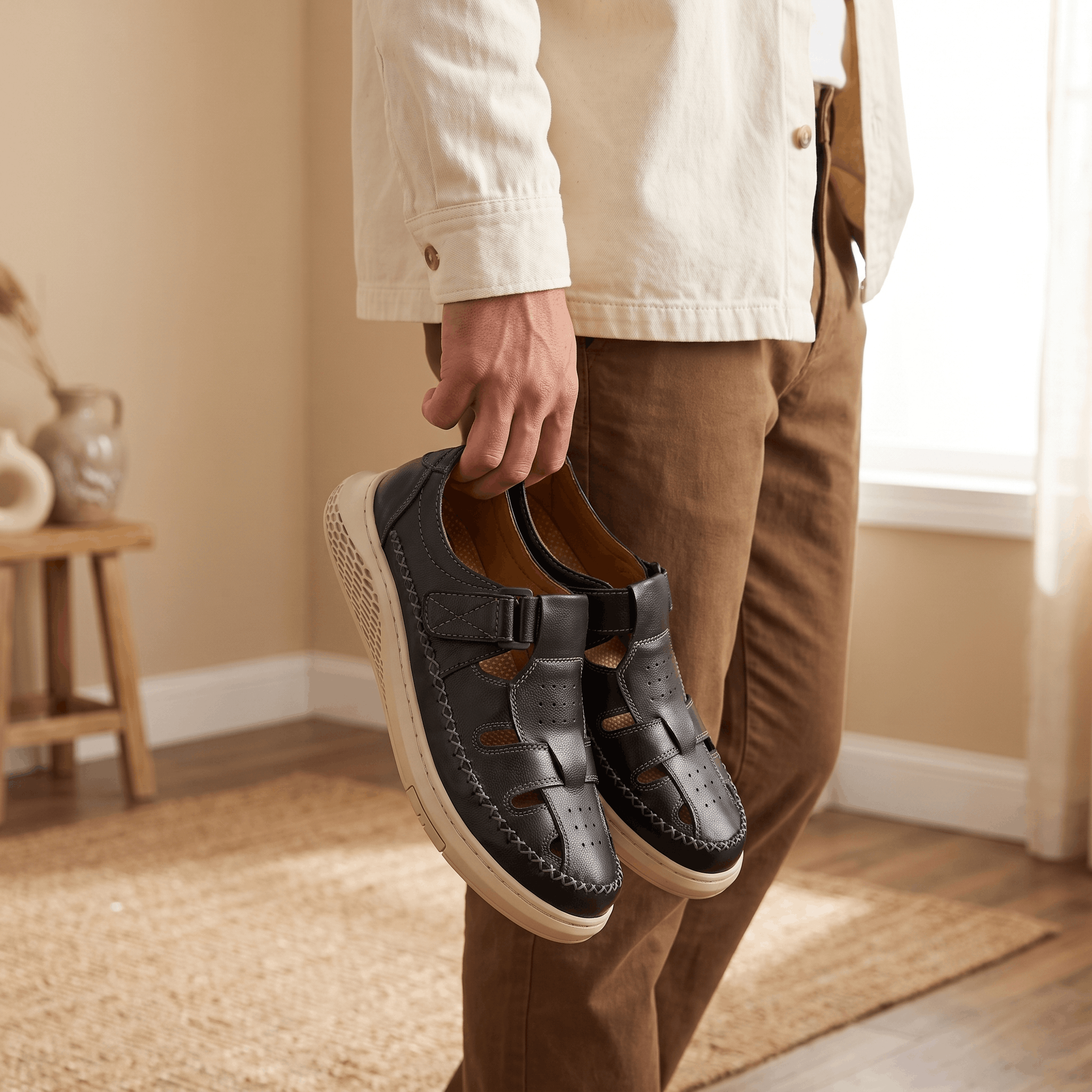 Man in cream jacket holding a pair of black leather Toby fisherman sandals, standing in a bright room on a jute rug near a window