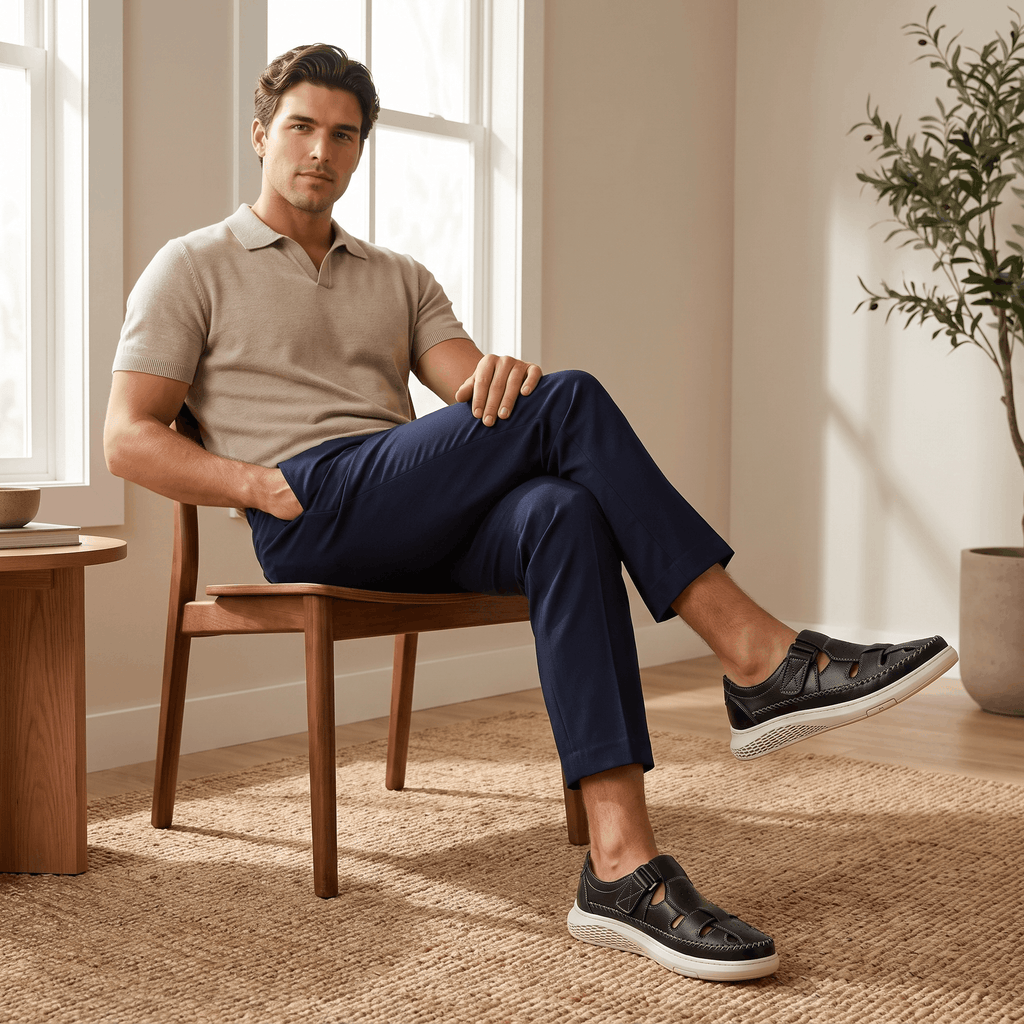 Man in beige polo shirt seated with legs crossed, wearing black leather Toby fisherman sandals, in a sunlit room with a plant on a jute rug