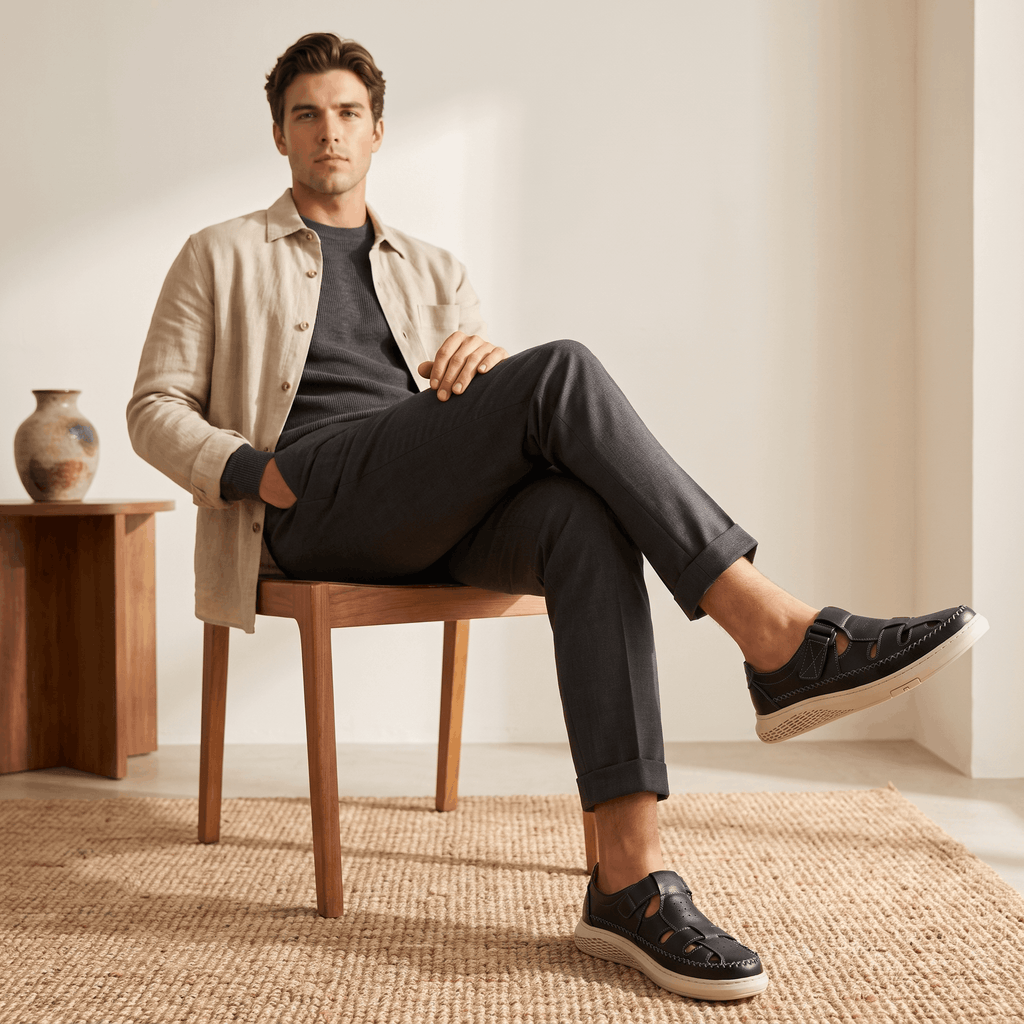 Man in beige trench coat seated with legs crossed, wearing black leather Toby fisherman sandals, in a bright room on a jute rug