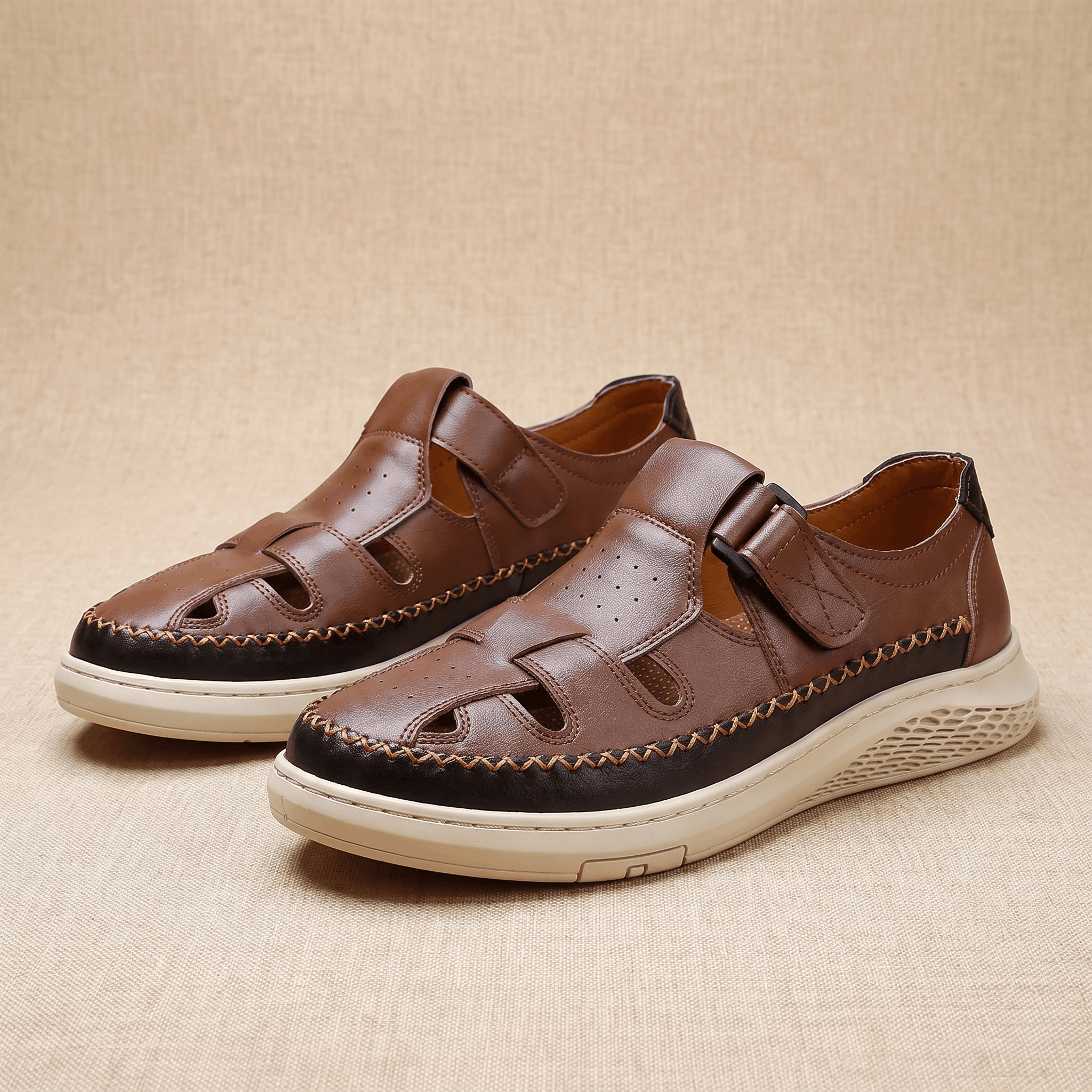 Pair of brown leather Toby fisherman sandals with cutout panels and hook-and-loop straps, resting on a beige fabric backdrop